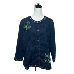 Alfred Dunner Jacket Womens 18 Blue Denim Beaded Butterflies Button Up